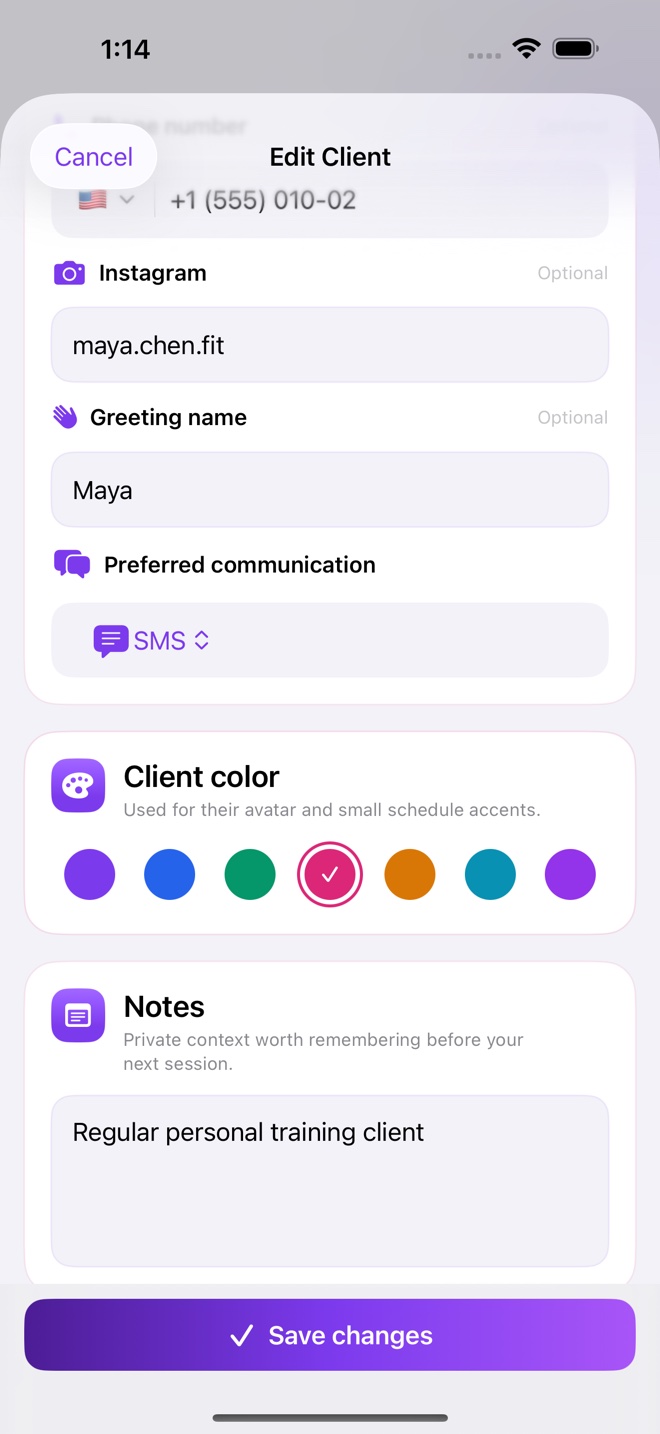 SmoothWeek Edit Client screen with the Instagram name maya.chen.fit saved in contact details