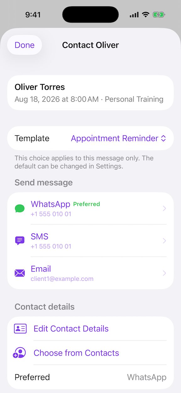 A SmoothWeek Contact Oliver reminder képernyője WhatsApp, SMS és Email lehetőségekkel