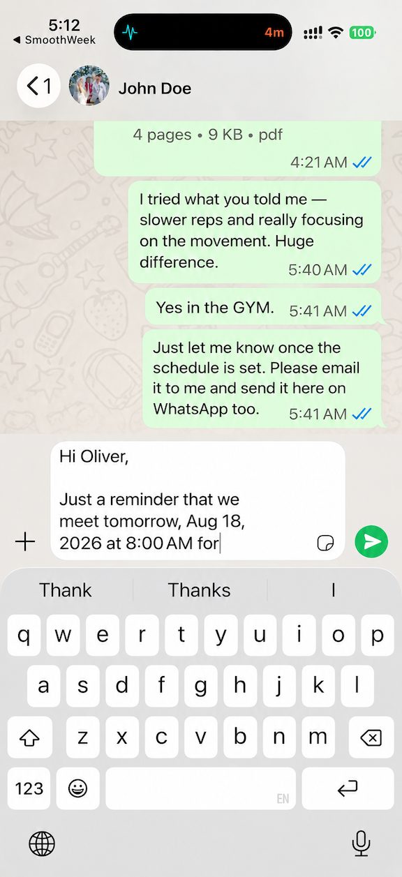 A prepared SmoothWeek appointment reminder open in WhatsApp, ready for final review and sending